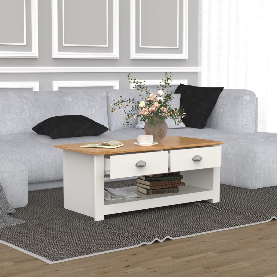 VCM NORDIC Balusa Couchtisch, mit 1 offenen Fach und 2 Schubladen – Natur/Weißholz (104x50)