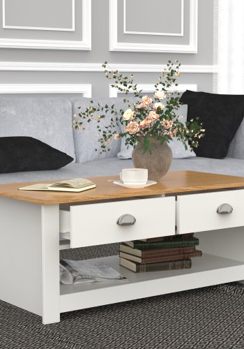 VCM NORDIC Balusa Couchtisch, mit 1 offenen Fach und 2 Schubladen – Natur/Weißholz (104x50)