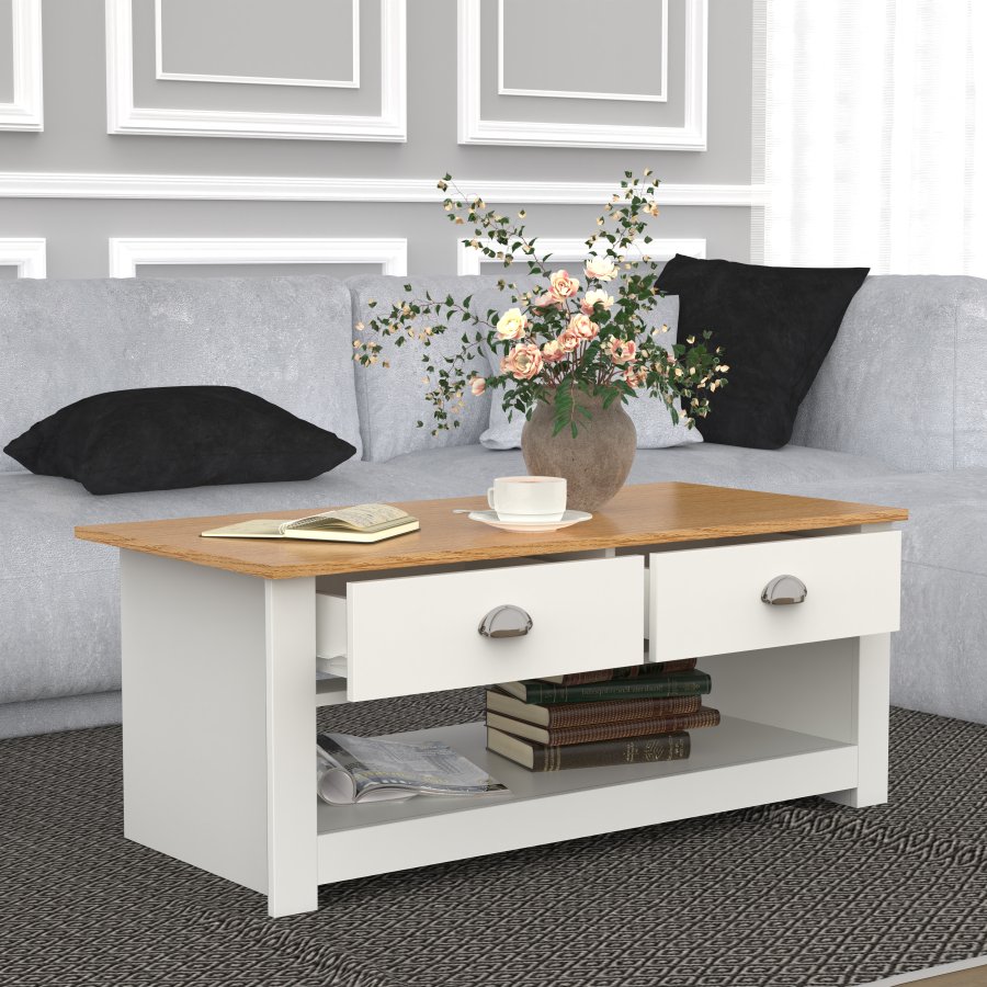 VCM NORDIC Balusa Couchtisch, mit 1 offenen Fach und 2 Schubladen – Natur/Weißholz (104x50)