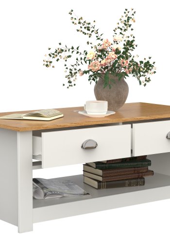 VCM NORDIC Balusa Couchtisch, mit 1 offenen Fach und 2 Schubladen – Natur/Weißholz (104x50)