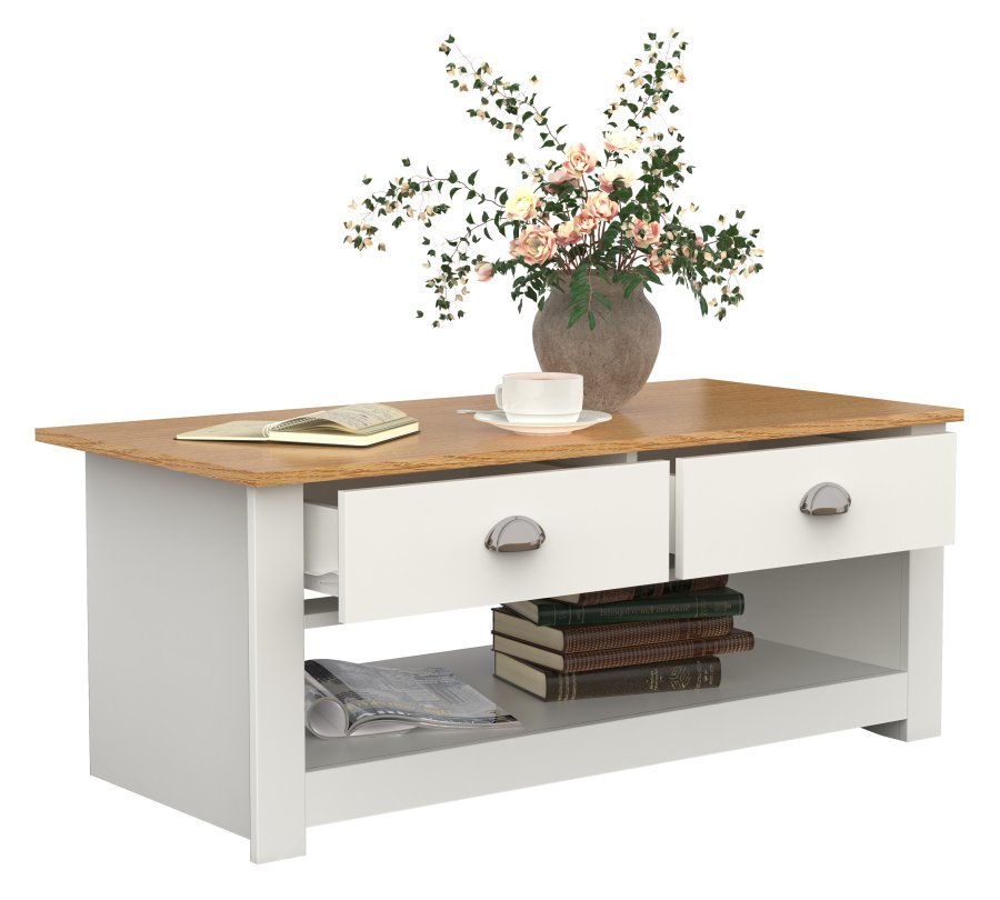 VCM NORDIC Balusa Couchtisch, mit 1 offenen Fach und 2 Schubladen – Natur/Weißholz (104x50)