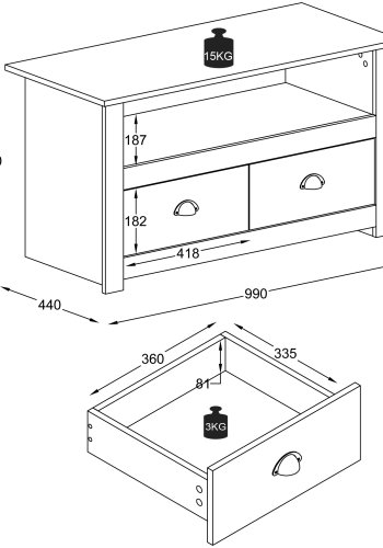 VCM NORDIC Balusa TV-Tisch, m. 1 offenem Fach und 2 Schubladen - Weiß und Naturholz (99x44)