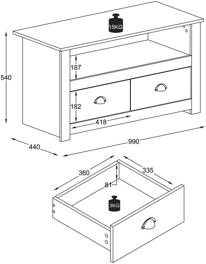VCM NORDIC Balusa TV-Tisch, m. 1 offenem Fach und 2 Schubladen - Weiß und Naturholz (99x44)