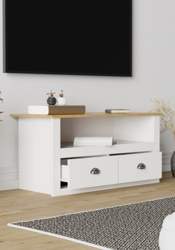 VCM NORDIC Balusa TV-Tisch, m. 1 offenem Fach und 2 Schubladen - Weiß und Naturholz (99x44)