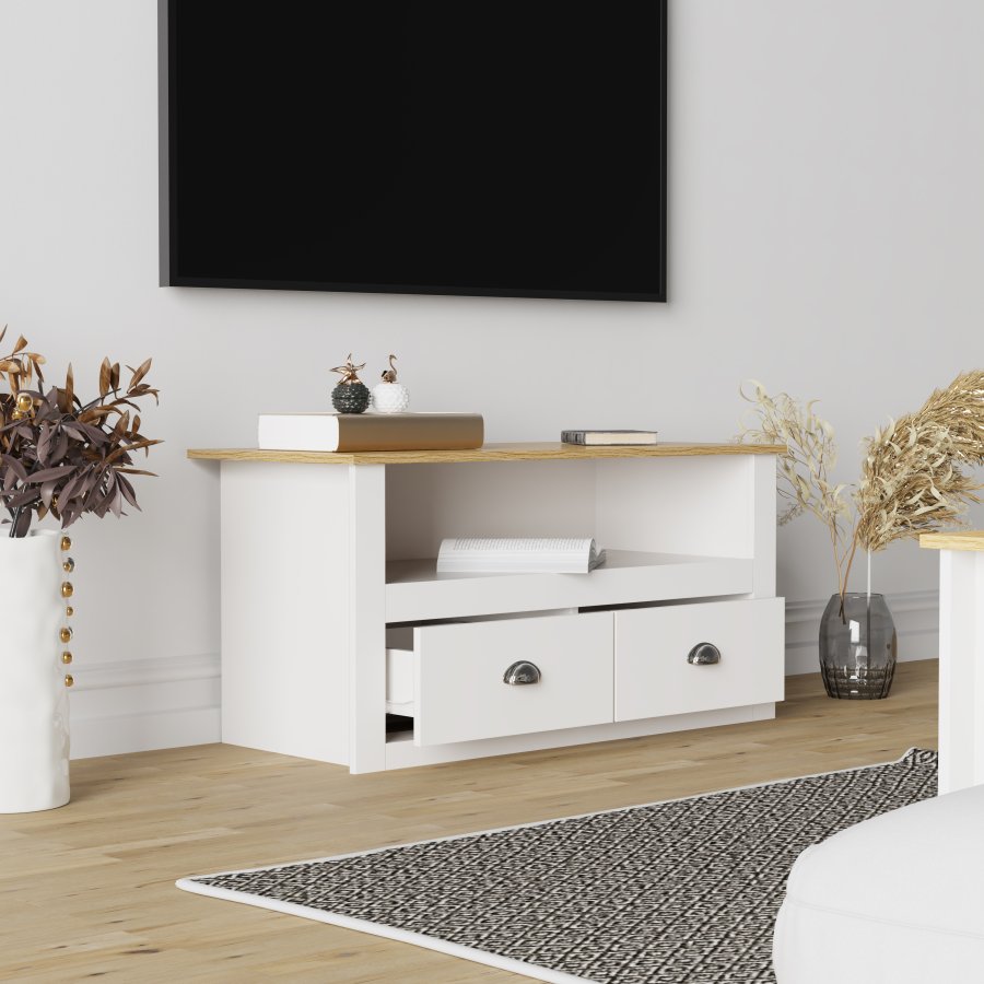 VCM NORDIC Balusa TV-Tisch, m. 1 offenem Fach und 2 Schubladen - Weiß und Naturholz (99x44)