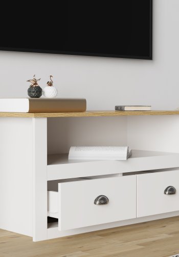 VCM NORDIC Balusa TV-Tisch, m. 1 offenem Fach und 2 Schubladen - Weiß und Naturholz (99x44)