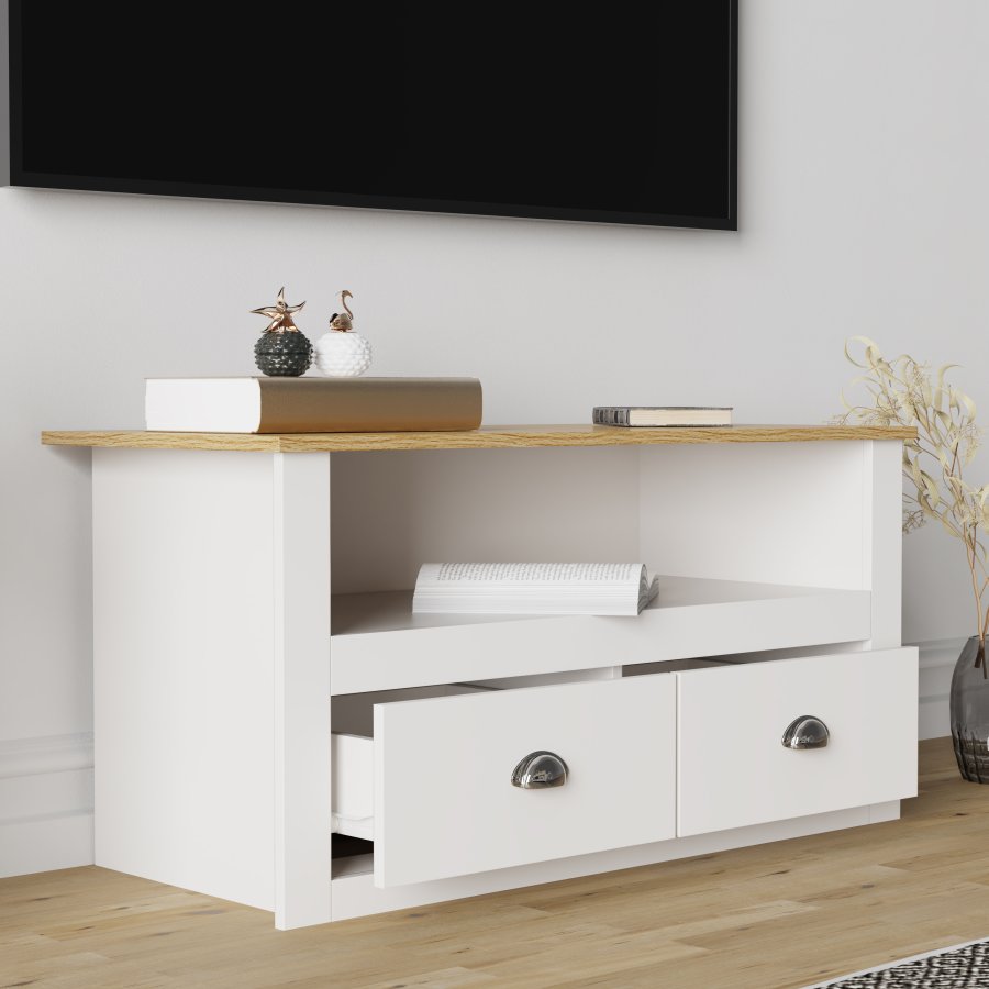 VCM NORDIC Balusa TV-Tisch, m. 1 offenem Fach und 2 Schubladen - Weiß und Naturholz (99x44)