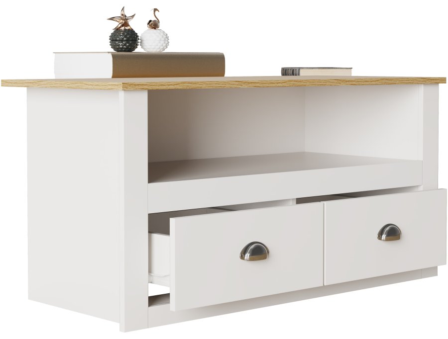 VCM NORDIC Balusa TV-Tisch, m. 1 offenem Fach und 2 Schubladen - Weiß und Naturholz (99x44)