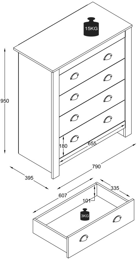 VCM NORDIC Balusa XL Kommode mit 4 Schubladen - Weiß/Naturholz