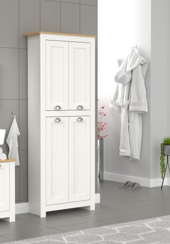 VCM NORDIC Balusa Badezimmerschrank, m. 4 Türen und Einlegeböden - Weiß/Naturholz