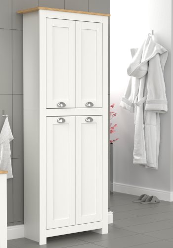 VCM NORDIC Balusa Badezimmerschrank, m. 4 Türen und Einlegeböden - Weiß/Naturholz