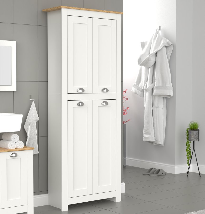 VCM NORDIC Balusa Badezimmerschrank, m. 4 Türen und Einlegeböden - Weiß/Naturholz