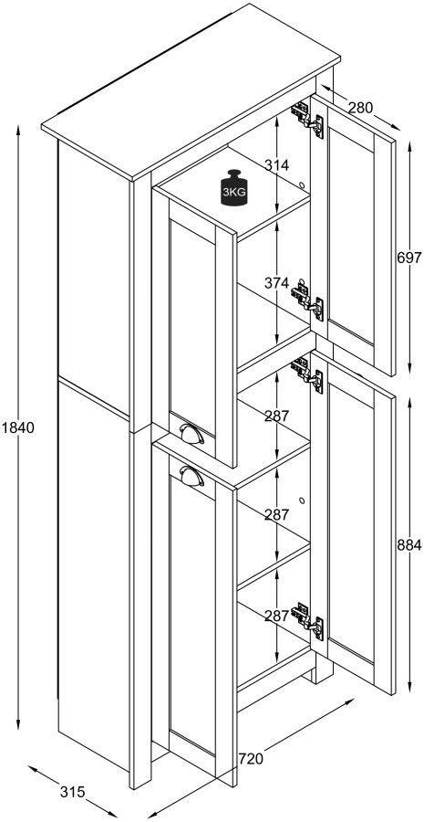 VCM NORDIC Balusa Badezimmerschrank, m. 4 Türen und Einlegeböden - Weiß/Naturholz