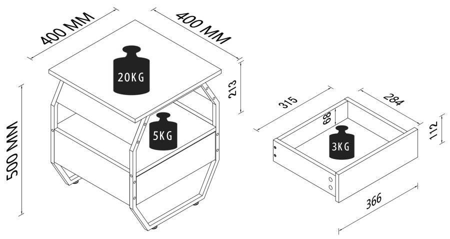 VCM NORDIC Aulari S Beistelltisch, m. 1 offenem Fach und 1 Schublade - Naturholz und schwarzer Stahl (40x40)