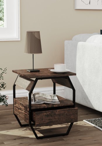 VCM NORDIC Aulari S Beistelltisch, m. 1 offenem Fach und 1 Schublade - Naturholz und schwarzer Stahl (40x40)