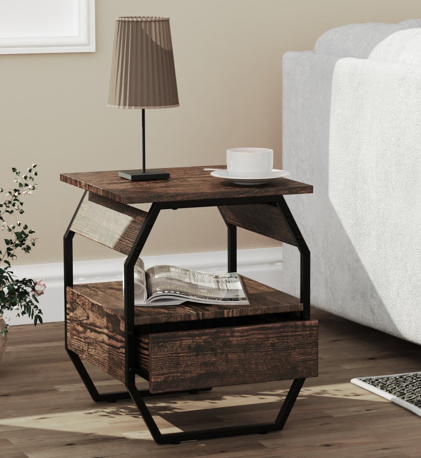 VCM NORDIC Aulari S Beistelltisch, m. 1 offenem Fach und 1 Schublade - Naturholz und schwarzer Stahl (40x40)