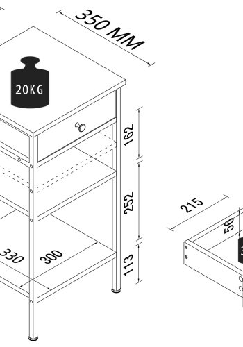 VCM NORDIC Aulari L Beistelltisch, m. 2 Ablagen und 1 Schublade - Naturholz und schwarzer Stahl (35x35)