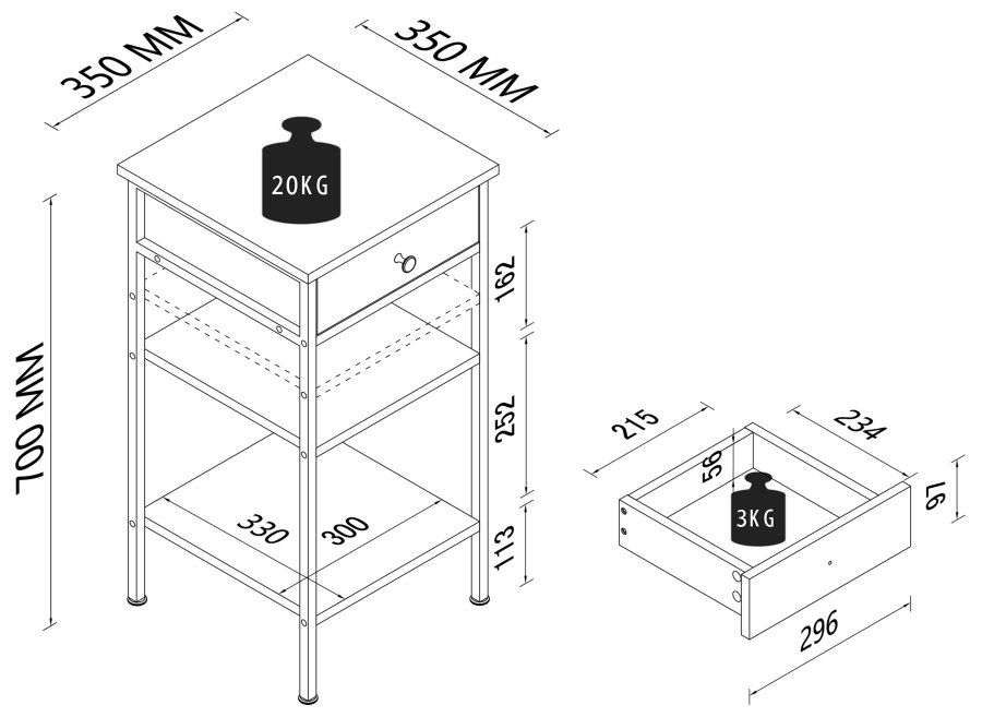 VCM NORDIC Aulari L Beistelltisch, m. 2 Ablagen und 1 Schublade - Naturholz und schwarzer Stahl (35x35)