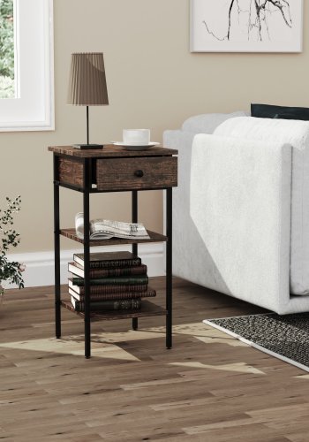 VCM NORDIC Aulari L Beistelltisch, m. 2 Ablagen und 1 Schublade - Naturholz und schwarzer Stahl (35x35)