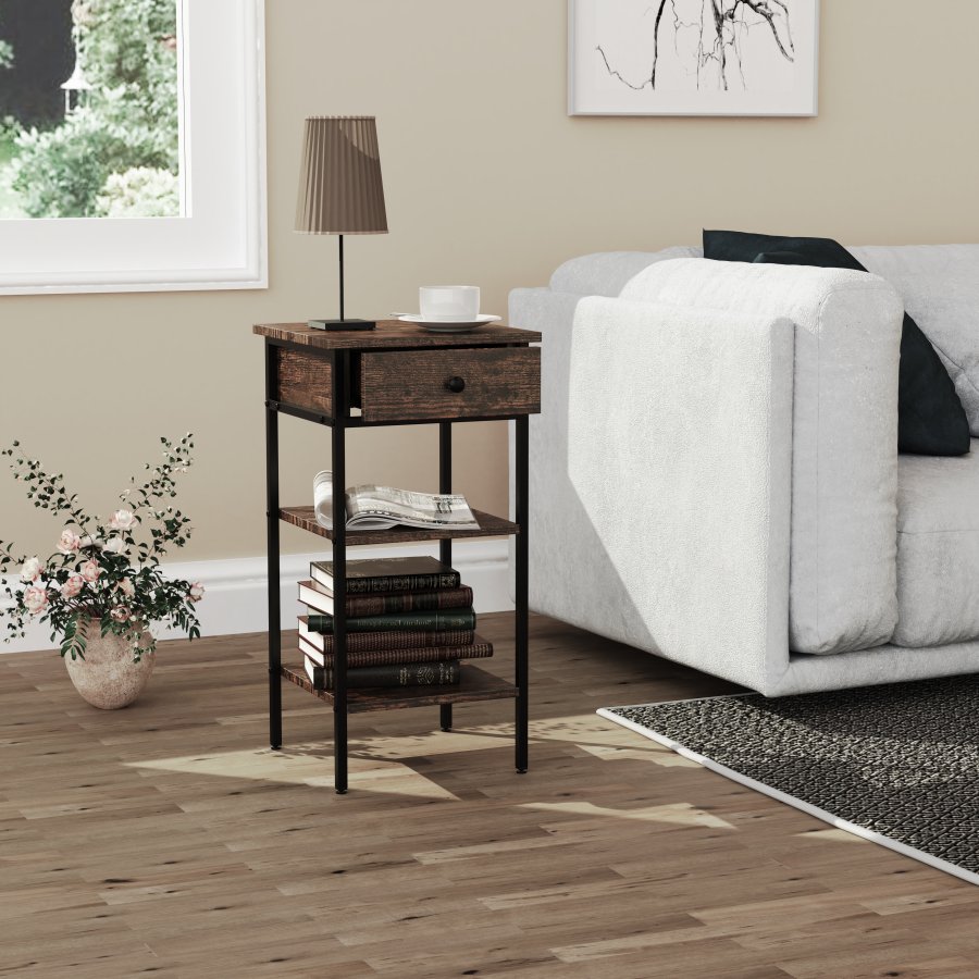 VCM NORDIC Aulari L Beistelltisch, m. 2 Ablagen und 1 Schublade - Naturholz und schwarzer Stahl (35x35)