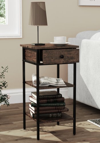 VCM NORDIC Aulari L Beistelltisch, m. 2 Ablagen und 1 Schublade - Naturholz und schwarzer Stahl (35x35)