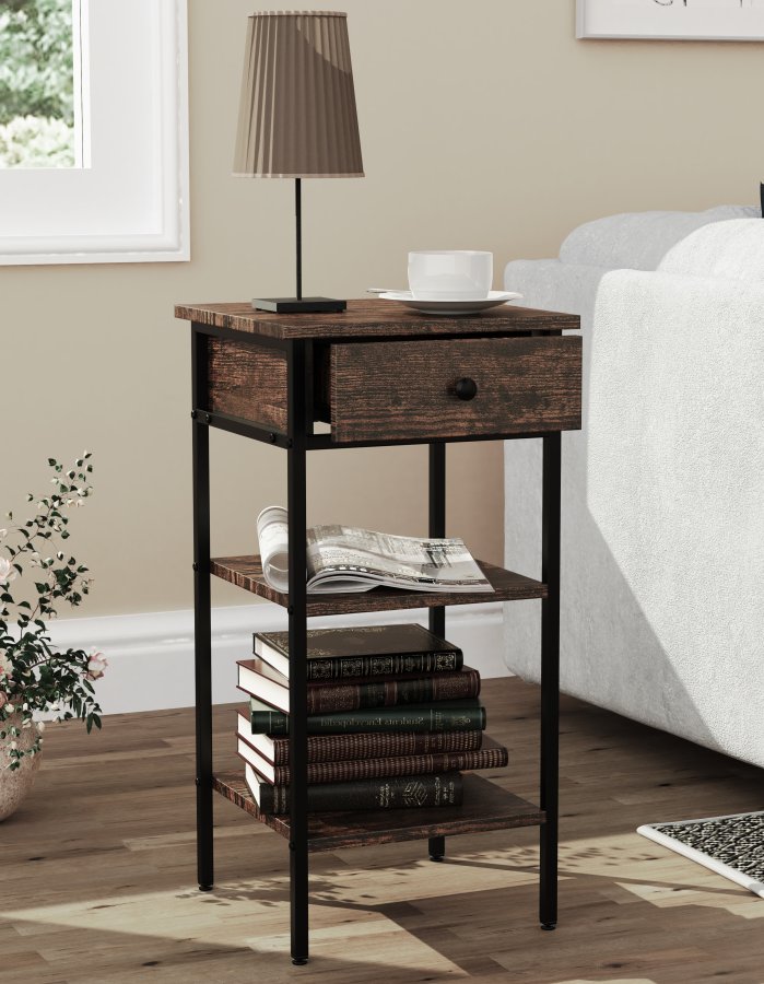 VCM NORDIC Aulari L Beistelltisch, m. 2 Ablagen und 1 Schublade - Naturholz und schwarzer Stahl (35x35)