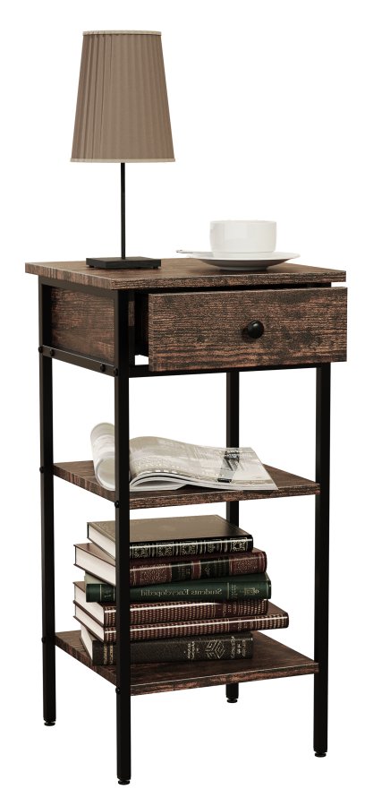 VCM NORDIC Aulari L Beistelltisch, m. 2 Ablagen und 1 Schublade - Naturholz und schwarzer Stahl (35x35)