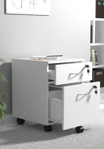 VCM NORDIC Baula M Aktenschrank, abschließbar, mit 1 Hängeregistraturschublade, 1 Schublade und Rollen – Holz weiß