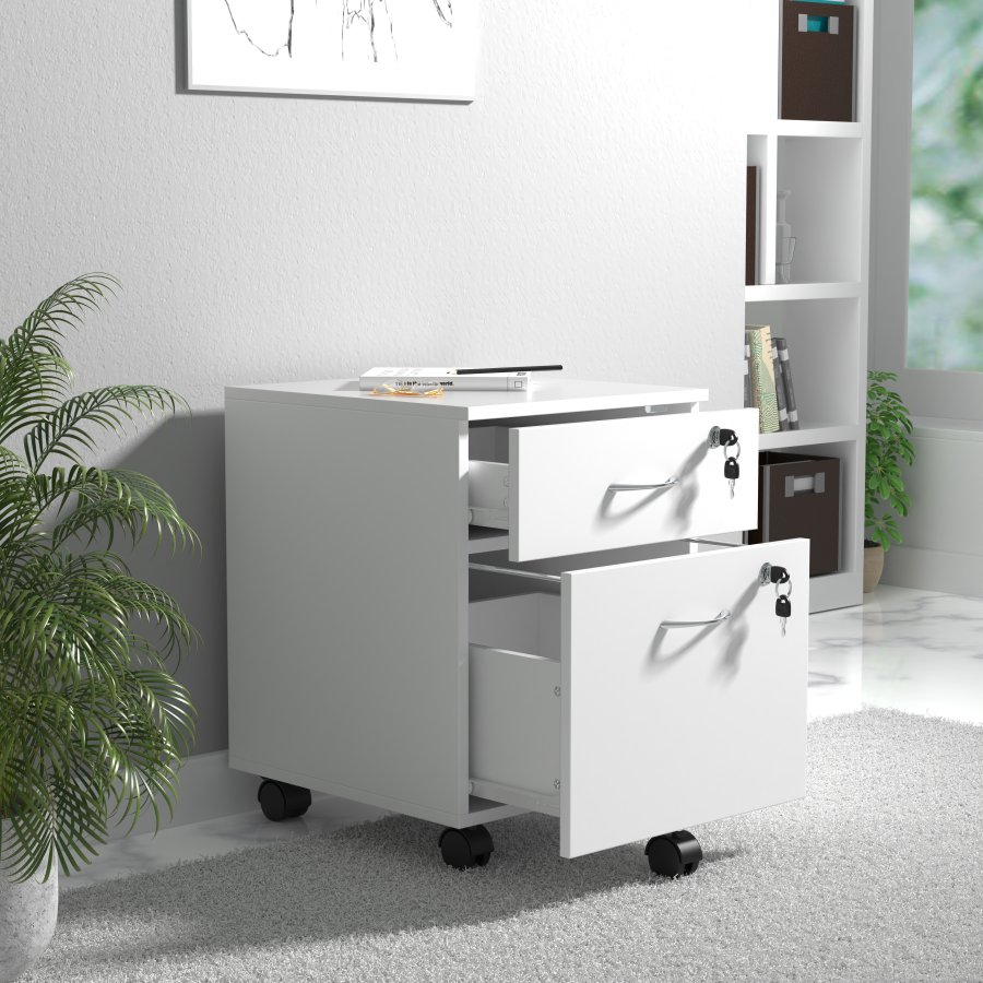 VCM NORDIC Baula M Aktenschrank, abschließbar, mit 1 Hängeregistraturschublade, 1 Schublade und Rollen – Holz weiß