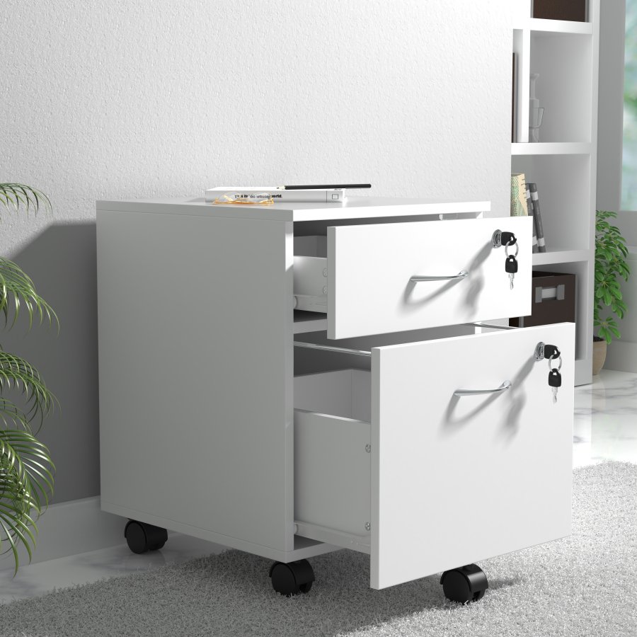 VCM NORDIC Baula M Aktenschrank, abschließbar, mit 1 Hängeregistraturschublade, 1 Schublade und Rollen – Holz weiß