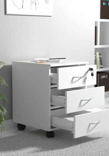 VCM NORDIC Baula L Aktenschrank, abschließbar, mit 3 Schubladen und Rollen - Holz weiß