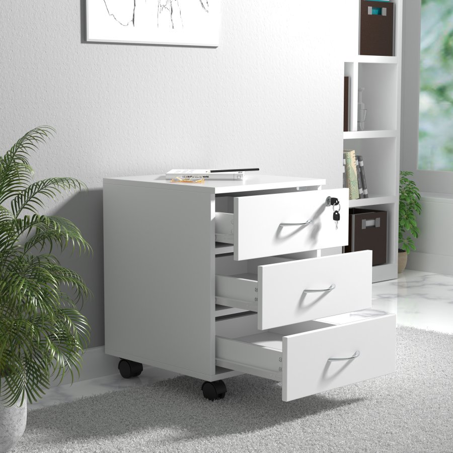 VCM NORDIC Baula L Aktenschrank, abschließbar, mit 3 Schubladen und Rollen - Holz weiß