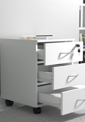 VCM NORDIC Baula L Aktenschrank, abschließbar, mit 3 Schubladen und Rollen - Holz weiß