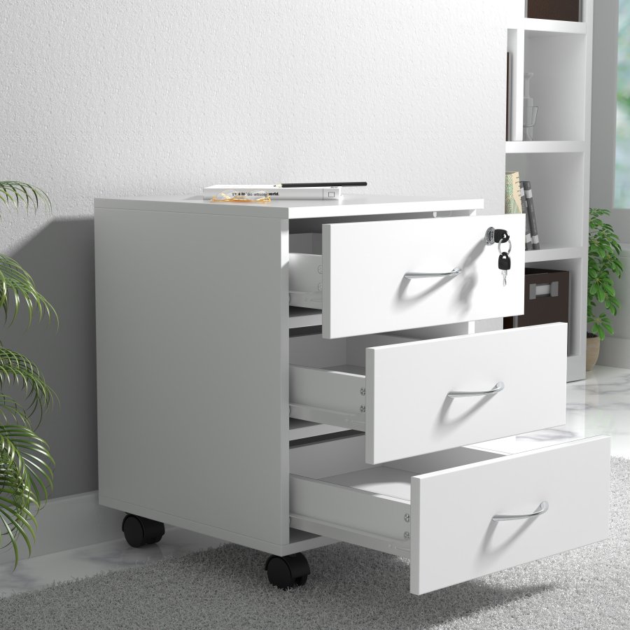 VCM NORDIC Baula L Aktenschrank, abschließbar, mit 3 Schubladen und Rollen - Holz weiß