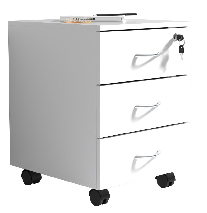 VCM NORDIC Baula L Aktenschrank, abschließbar, mit 3 Schubladen und Rollen - Holz weiß