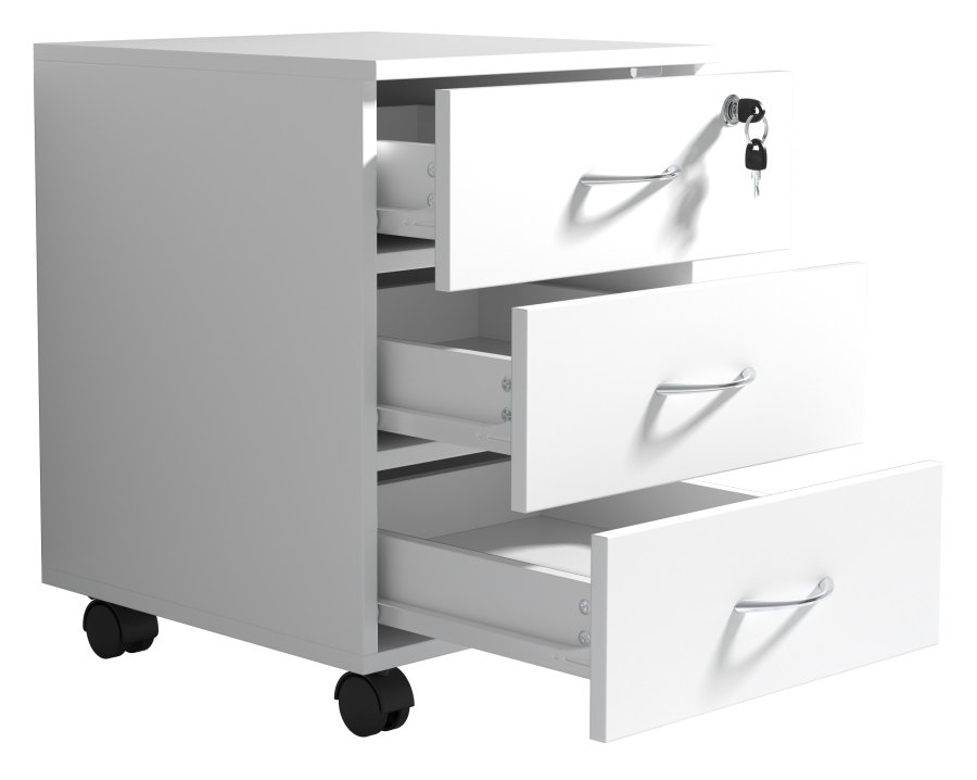 VCM NORDIC Baula L Aktenschrank, abschließbar, mit 3 Schubladen und Rollen - Holz weiß