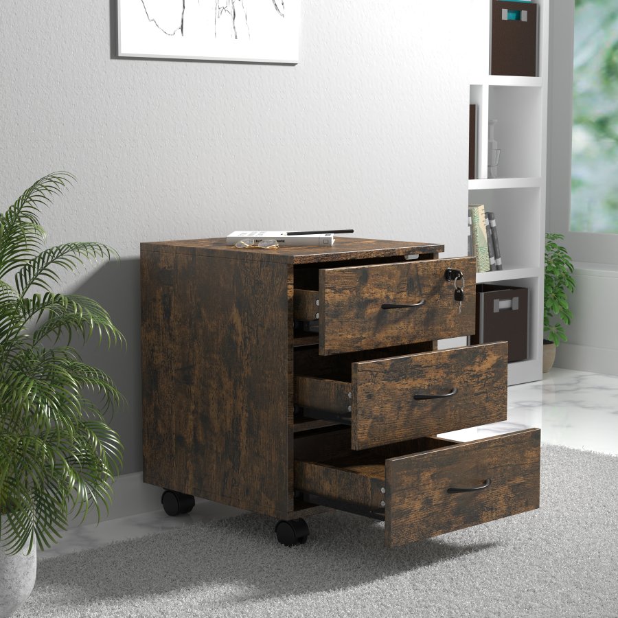 VCM NORDIC Baula L Aktenschrank, abschließbar, mit 3 Schubladen und Rollen – Naturholz