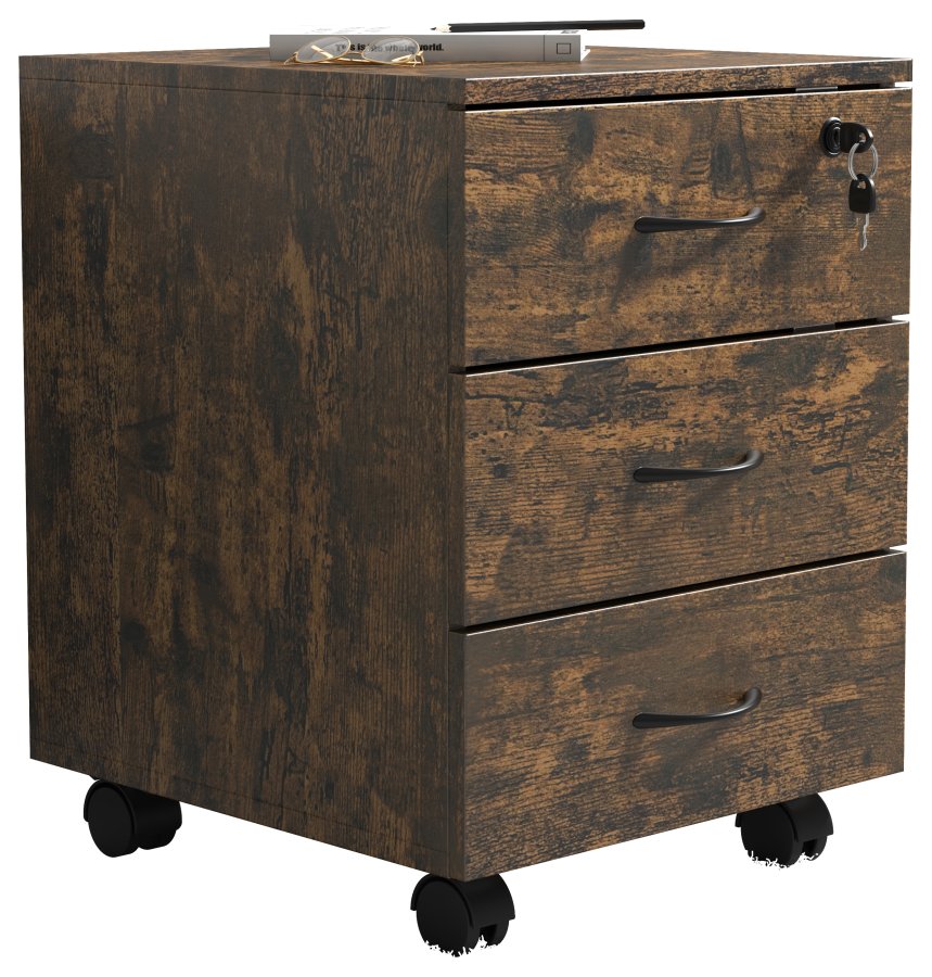 VCM NORDIC Baula L Aktenschrank, abschließbar, mit 3 Schubladen und Rollen – Naturholz