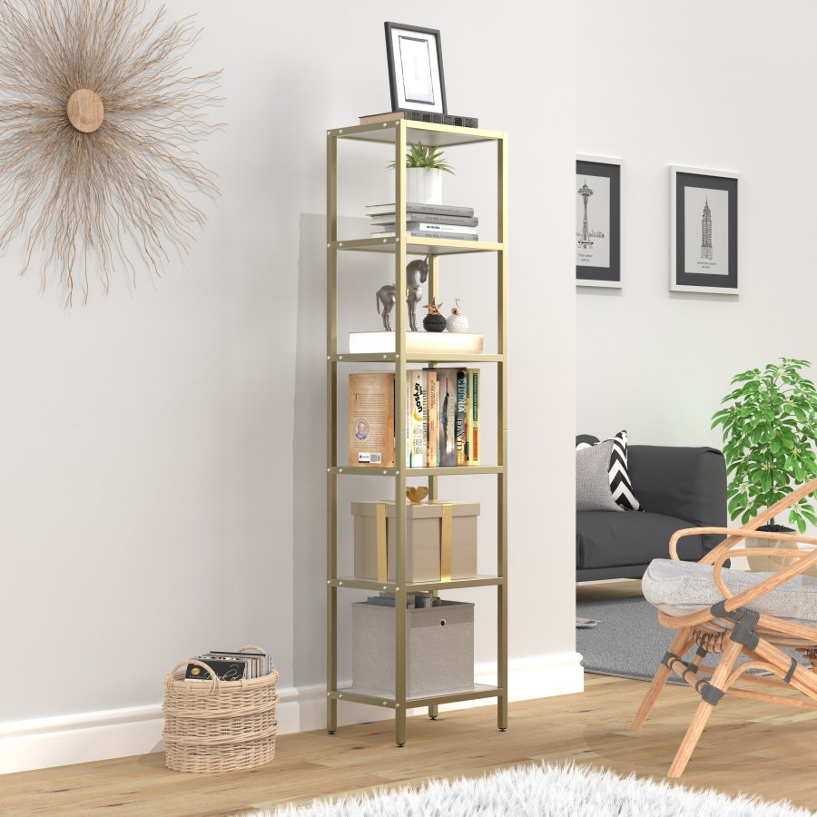 VCM NORDIC Vinali M bokhylle, m. 4 hyller - hvit melamin og gulljern