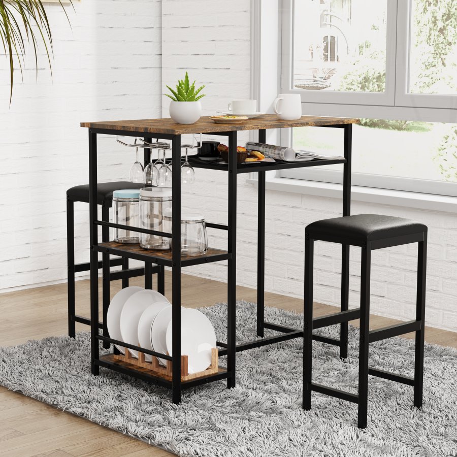 VCM NORDIC Kolari barbord og 2 barstole - natur tr og sort jern (st med 3)