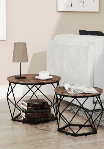 VCM NORDIC Helaro M Beistelltisch, rund – Naturholz und schwarzes Eisen (2er-Set)