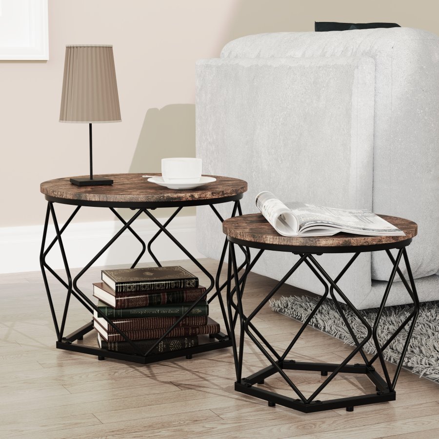 VCM NORDIC Helaro M Beistelltisch, rund – Naturholz und schwarzes Eisen (2er-Set)