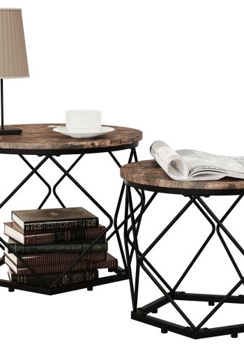 VCM NORDIC Helaro M Beistelltisch, rund – Naturholz und schwarzes Eisen (2er-Set)