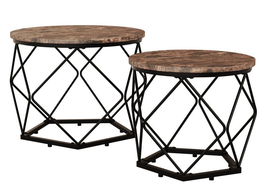 VCM NORDIC Helaro M Beistelltisch, rund – Naturholz und schwarzes Eisen (2er-Set)