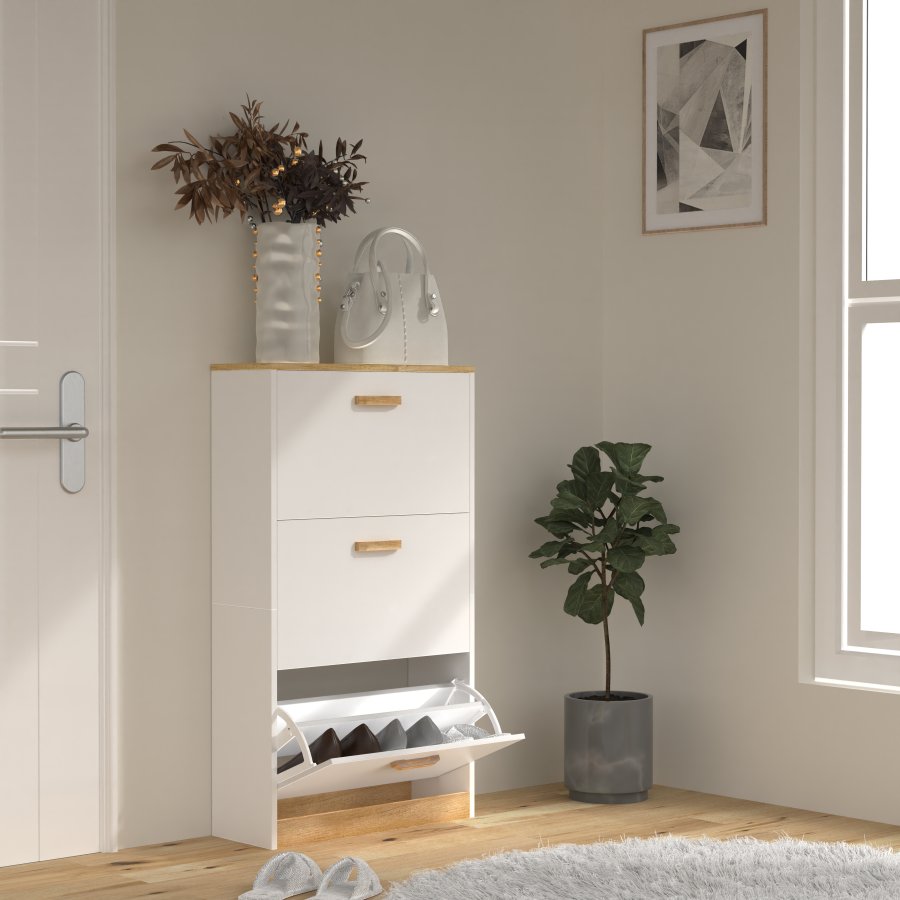 VCM NORDIC Halom M skoskap, m. 3 drer - hvit/naturtre