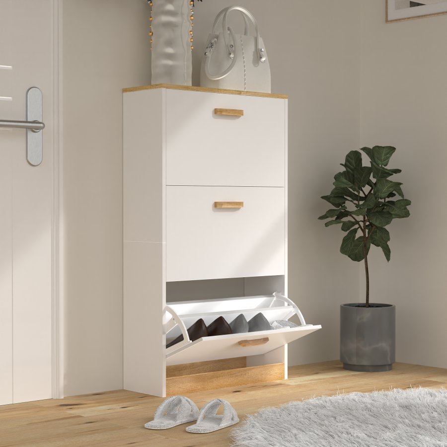 VCM NORDIC Halom M skoskap, m. 3 drer - hvit/naturtre