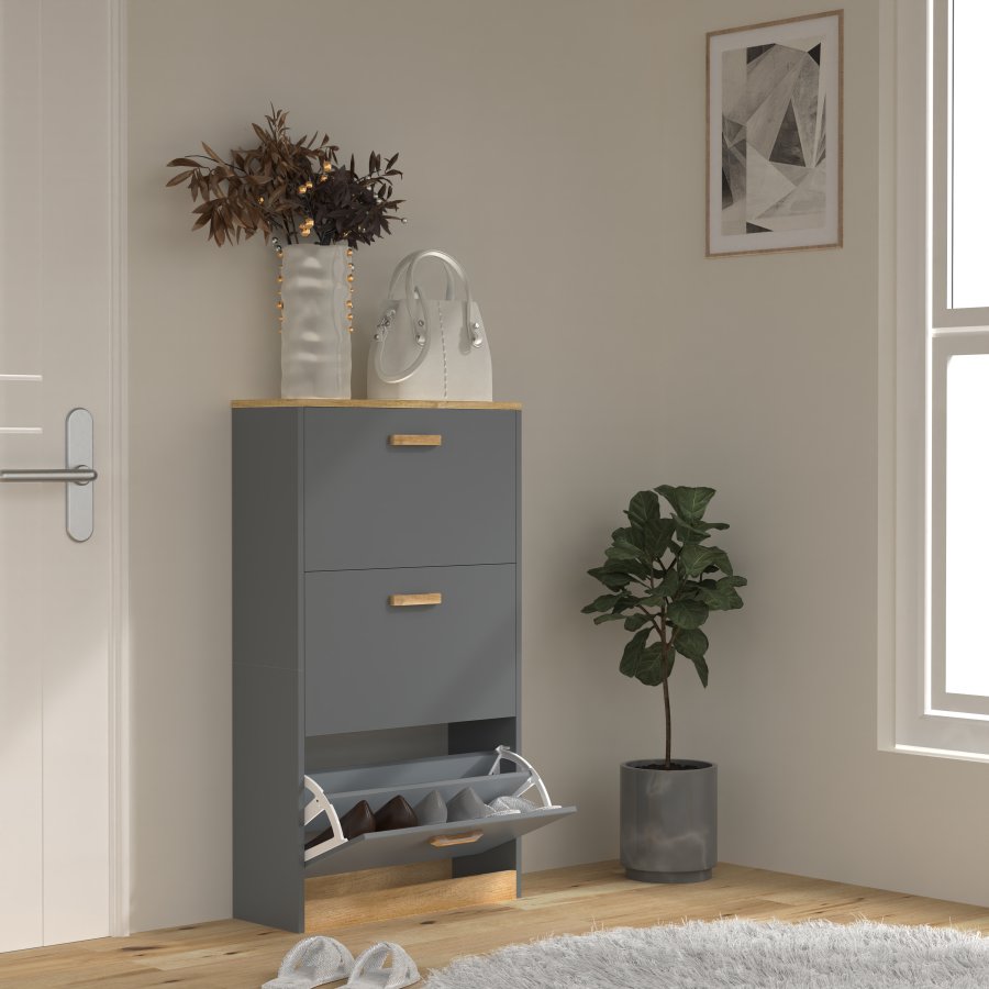 VCM NORDIC Halom M skoskap, m. 3 drer - antrasittgr/naturtre