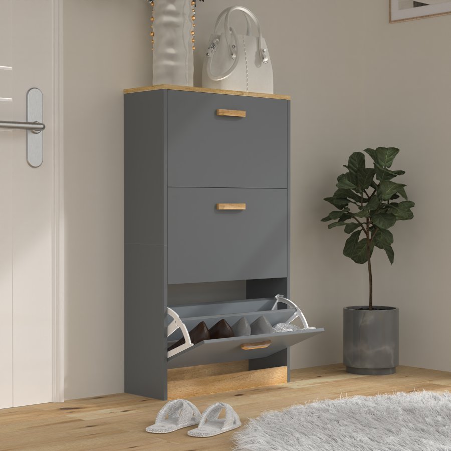 VCM NORDIC Halom M skoskap, m. 3 drer - antrasittgr/naturtre