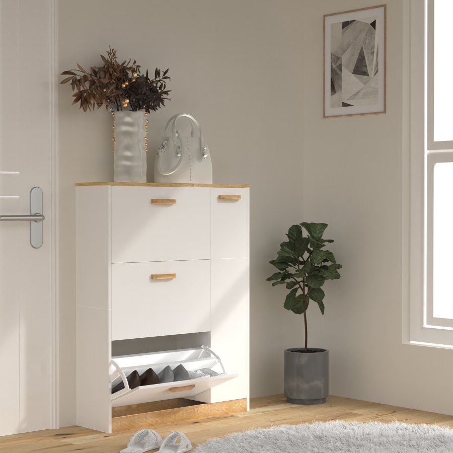 VCM NORDIC Halom L skoskap, m. 4 drer - hvit/naturtre