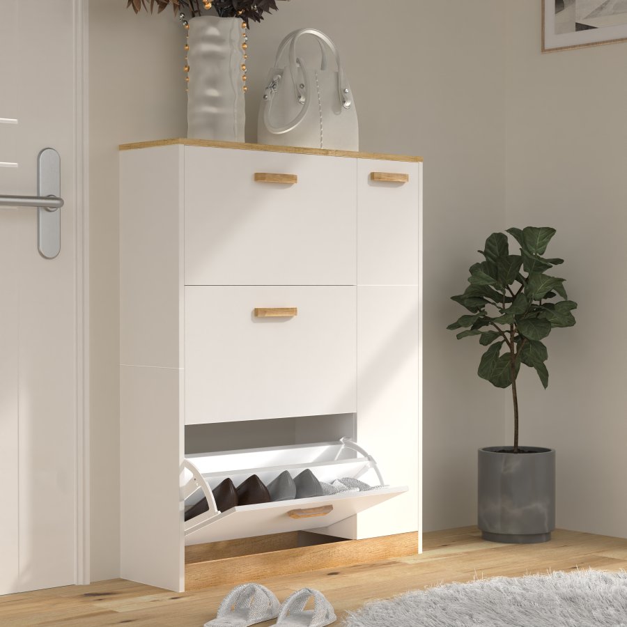 VCM NORDIC Halom L skoskap, m. 4 drer - hvit/naturtre